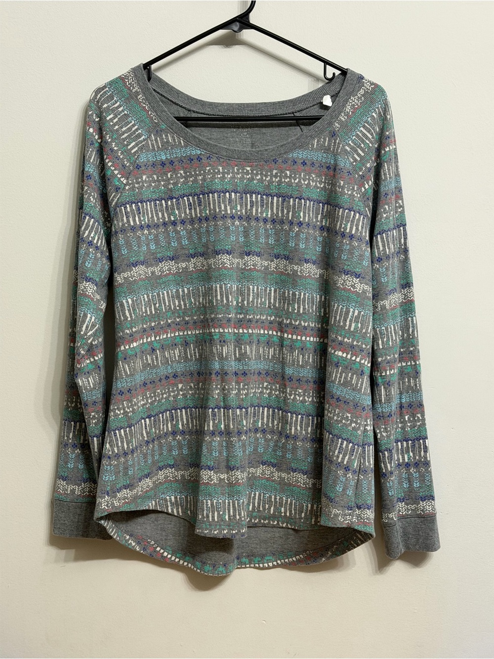 Women's Grey Patterned Long-Sleeve Knit Top